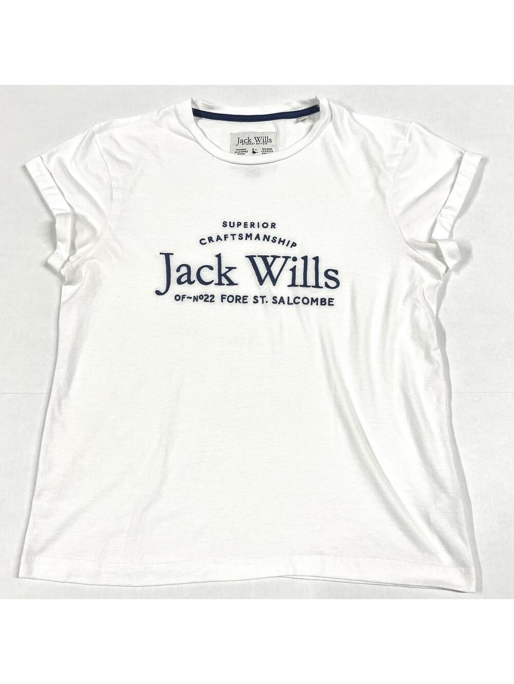 Jack Wills T Shirt Women’s Size 10 White Embroidered Logo Front Blue Lettering